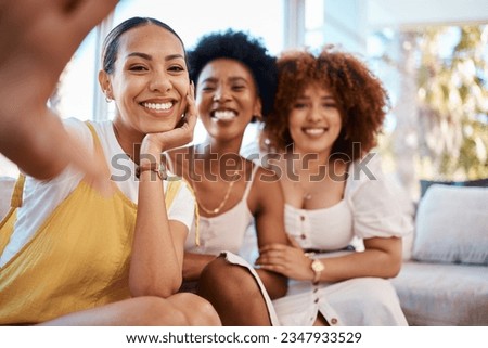 Portrait, smile and selfie of friends in home living room, bonding and having fun on sofa. Face, profile picture and group of people, women or girls in photography, happy memory and social media.