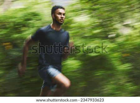 Sports man, speed and running in park with motion blur, cardio workout and fitness action. Runner, athlete and focus for marathon race with energy, dynamic exercise and fast performance pace outdoor Royalty-Free Stock Photo #2347933623