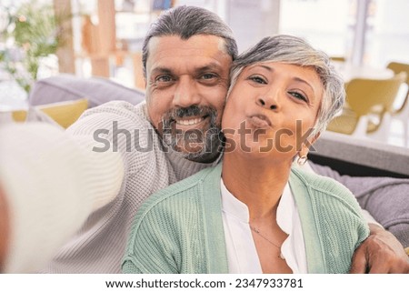 Selfie, portrait and mature couple on sofa with pout for social media post, profile picture and memory. Marriage, love and man and woman take photo in living room for bonding, relationship and relax