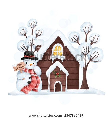 Watercolor illustration cute snowman with wooden house and snow tree