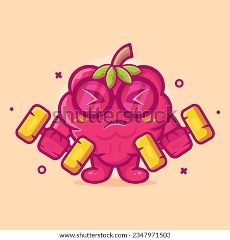 cute raspberry fruit character mascot doing bodybuilding using dumbbell isolated cartoon in flat style design