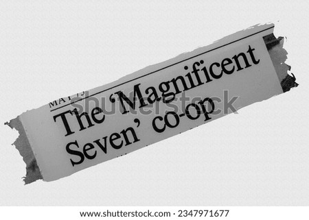 The 'Magnificent Seven' co-op - news story from 1975 UK newspaper headline article title Royalty-Free Stock Photo #2347971677