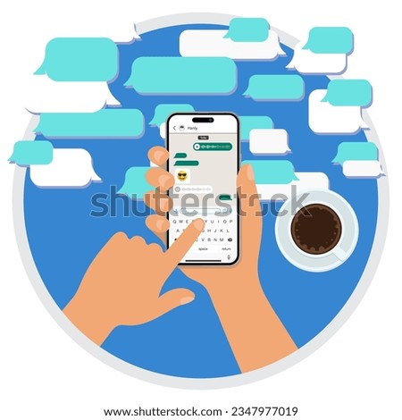 Hand holds the smartphone with messenger application. Instant communication with Smartphone Chat, Smart phone Messenger App for Instant Dialogue. Mockup with cartoon hand and smart-phone. Vector.