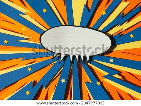 Handmade paper cutout pop art comic background. Cartoon flat style. In yellow, orange and blue color. Lightning. Concept. Speech bubble for your offer. Web banner.
