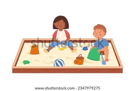 Little boy and girl playing in the sandbox. Multiculturalism and diversity. Vector illustration. Summer activities. Kids have fun outside. Funny character. Isolated on a white background Royalty-Free Stock Photo #2347979275