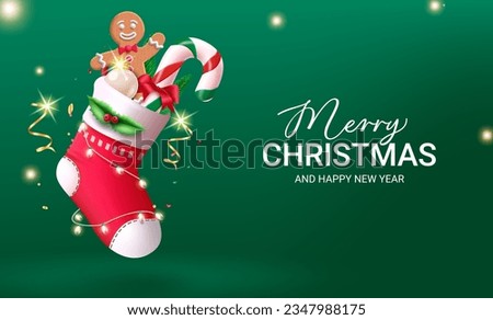 Merry christmas text vector design. Christmas santa socks with ginger bread and xmas elements in green elegant background. Vector illustration greeting card design.
