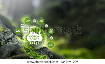 Carbon credit concept with icon on green globe reducing carbon emissions carbon neutral concept Zero net greenhouse gas emissions target Carbon footprint reduction, CO2 emissions, low emissions Royalty-Free Stock Photo #2347991909