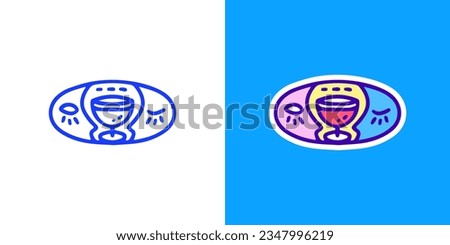 Glass of wine and faces emblem, illustration for logo, t-shirt, sticker, or apparel merchandise. With doodle, retro, groovy, and cartoon style.
