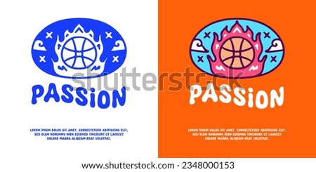 Burning basketball with passion typography, illustration for logo, t-shirt, sticker, or apparel merchandise. With doodle, retro, groovy, and cartoon style.