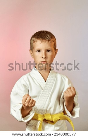On a gradient colored background, a focused sportsman in karategi Royalty-Free Stock Photo #2348000577