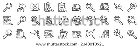 Set of 30 outline icons related to researching. Linear icon collection. Editable stroke. Vector illustration Royalty-Free Stock Photo #2348010921