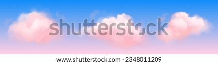 Fantasy background with pink clouds in sky. Abstract heaven texture with fluffy pastel clouds in blue sky at sunset. Cute 3d cotton candy, vector realistic illustration Royalty-Free Stock Photo #2348011209