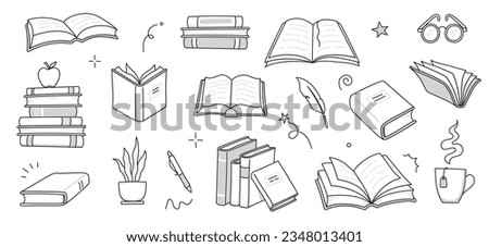 Book stack sketch set. Hand drawn sketch doodle style line book stack. Library, reading, school doodle concept icon background. Blue pen line style stroke. Vector illustration