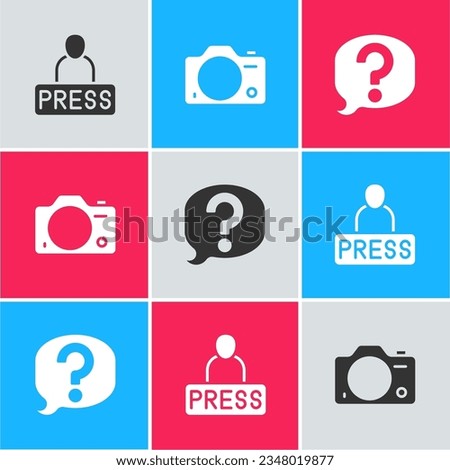 Set Journalist news, Photo camera and Speech bubble chat icon. Vector