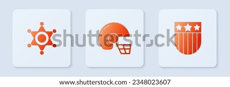 Set American football helmet, Hexagram sheriff and Shield with stars. White square button. Vector