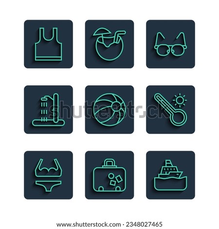 Set line Swimsuit, Suitcase, Cruise ship, Glasses, Beach ball, shower, Sleeveless T-shirt and Meteorology thermometer icon. Vector