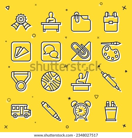 Set line Pencil case stationery, Paint brush with palette, Document folder clip, Speech bubble chat, Paper airplane, Medal and  icon. Vector