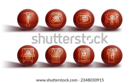 Set line Human broken bone, Glass showcase for exhibit, Rope barrier, Portrait in museum, Ancient column, No Smoking, Fire extinguisher and Museum ticket icon. Vector