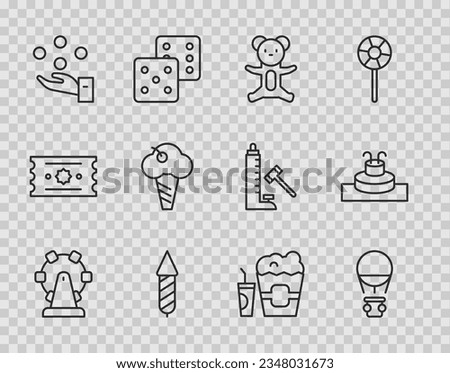 Set line Ferris wheel, Hot air balloon, Teddy bear plush toy, Firework rocket, Juggling, Ice cream waffle cone, Popcorn box and glass and Fountain icon. Vector Royalty-Free Stock Photo #2348031673