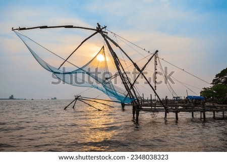 Chinese fishing nets or cheena vala are a type of stationary lift net, located in Fort Kochi in Cochin, India Royalty-Free Stock Photo #2348038323