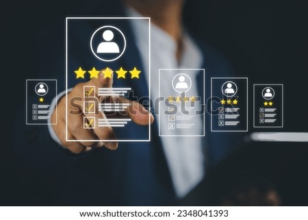 Smart customer man hands pressing on online application screen with excellent 5.0 stars rating for service evaluation on tablet virtual touch screen. Customer satisfaction survey experience concept. Royalty-Free Stock Photo #2348041393