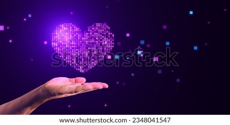 Global virtual dating service concept with bright digital purple pixel heart symbol above human hand palm on abstract dark background