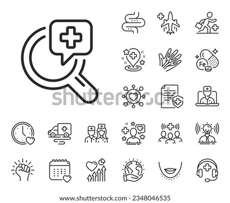 Medicine help sign. Online doctor, patient and medicine outline icons. Medical analyzes line icon. Pharmacy medication symbol. Medical analyzes line sign. Vector