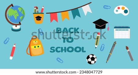 Concept of education. Back to school background with elements of backpack pencil ball paint paper clips etc., Back to School lettering in pop art style on green background 
