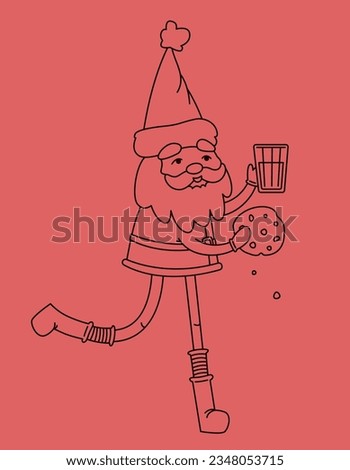 Cute Santa Claus with cookies and milk. Christmas character in outline style.
