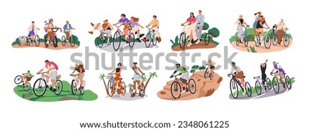 People cycling on bicycles set. Happy cyclists riding bikes in nature, road, mountains. Active family, friends, couple travel on summer holiday. Flat vector illustrations isolated on white background Royalty-Free Stock Photo #2348061225