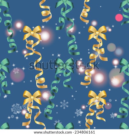 Wallpaper with bow and ribbon. Can be used for New Year and Christmas decoration. Seamless background. Sparkles and bokeh. Shiny and glowing.
