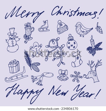 Christmas sketch. Writing and Printing. Congratulations with New year and Christmas in Typographic style. Christmas objects for your design. Can be used to design greeting cards