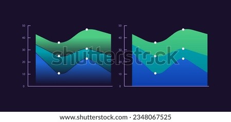 Area infographic chart design template set for dark theme. Changes in quantities over time. Visual data presentation. Editable stacked graphs collection. Myriad Pro-Bold, Regular fonts used Royalty-Free Stock Photo #2348067525