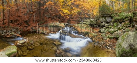 Waterfall in autumn colours. Nature in mountains. colourful forest landscape. Autumn landscape in waterfall flowing down from mountain. Colorful autumn landscape. colorful leaves in forest. Water