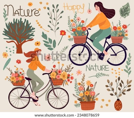 Adorable female riding a bicycle, basket adorned with fresh flowers, colorful tree, flowers and leaves around. Attractive lady on a bicycle. Sustainable travel idea. Vector.