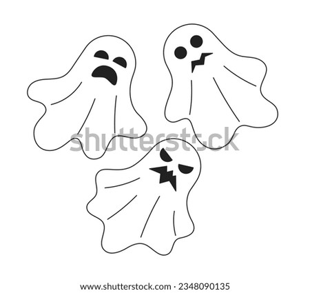 Happy halloween ghosts monochrome concept vector spot illustration. Haunted house spirits 2D flat bw cartoon characters for web UI design. Helloween monsters isolated editable hand drawn hero image