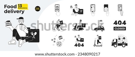 Food delivery monochrome concept vector spot illustrations bundle. Courier deliver from restaurant 2D flat bw cartoon characters for web UI design. Isolated editable hand drawn hero image collection