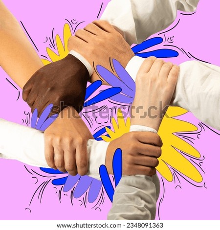 Human hands holding each other, showing support and acceptance. Race equality. Contemporary art collage. Concept of women's equality day, feminism, social issues, gender, acceptance. Banner, flyer, ad