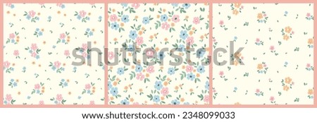 Seamless floral pattern, liberty ditsy print with cute small daisy flowers on a white background. Flower design collection, vector illustration.