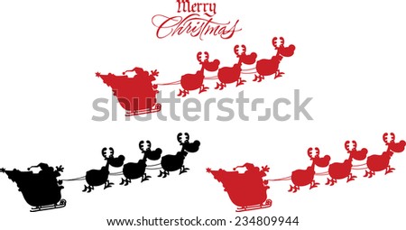 Silhouettes Of Santa Claus In Flight With His Reindeer And Sleigh. Vector Collection Set
