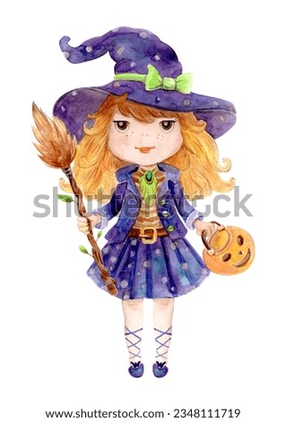 Little witch - hand-drawn watercolor illustration isolated on white. Halloween clipart.