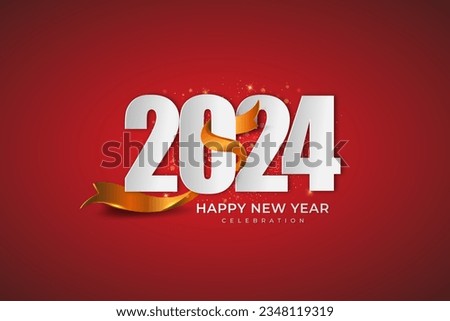 Happy New Year 2024. festive realistic decoration with gold ribbon for Celebrate 2024 party, calender and poster Royalty-Free Stock Photo #2348119319