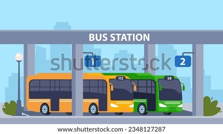 Central bus station. Vector cartoon cityscape with modern city transportation building, buses and platform. Vector illustration Royalty-Free Stock Photo #2348127287