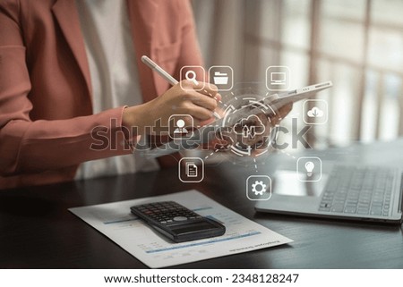 Woman is using a smartphone and tablet to access the cloud computing system , Storage and data transfer Cloud network , Cloud technology. Networking and internet service concept.