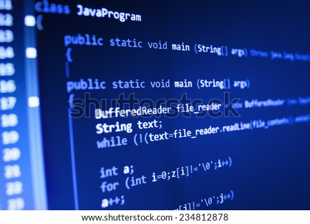 Software developer programming code. Abstract computer script  code.  Selective focus. Blue color.  Vignette light and dark shadow dramatic effect.  (MORE SIMILAR IN MY GALLERY)