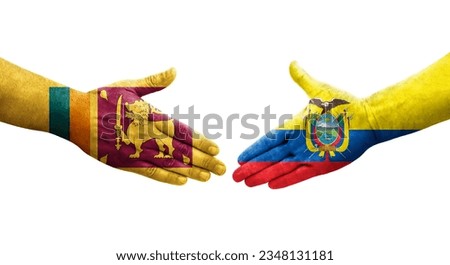Handshake between Sri Lanka and Ecuador flags painted on hands, isolated transparent image.