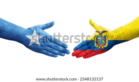 Handshake between Ecuador and Somalia flags painted on hands, isolated transparent image.