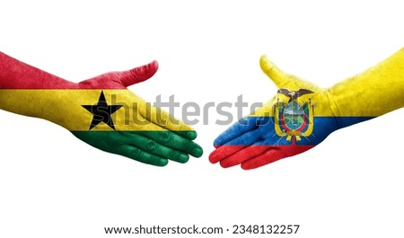 Handshake between Ecuador and Ghana flags painted on hands, isolated transparent image.