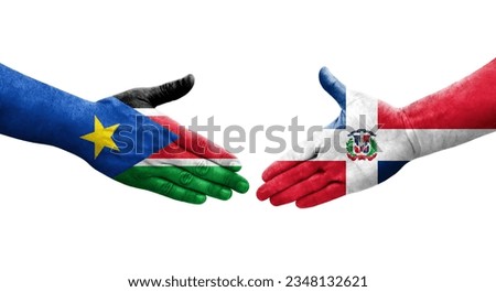 Handshake between Dominican Republic and South Sudan flags painted on hands, isolated transparent image.