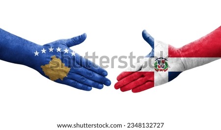 Handshake between Dominican Republic and Kosovo flags painted on hands, isolated transparent image.